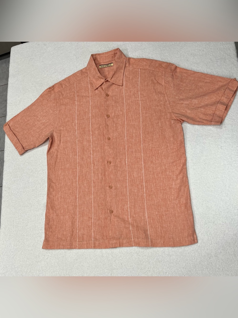Havanera Burnt Orange Striped Linen Short-Sleeve Casual Button-Down Shirt
